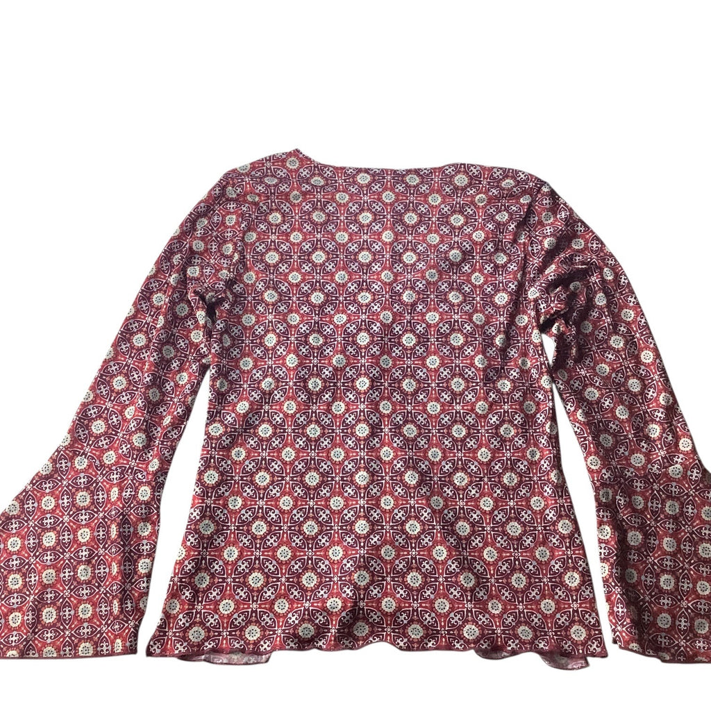Route 66 Ladies Red Blouse Flare Bell Sleeves Sz M Boho Geometric Pattern