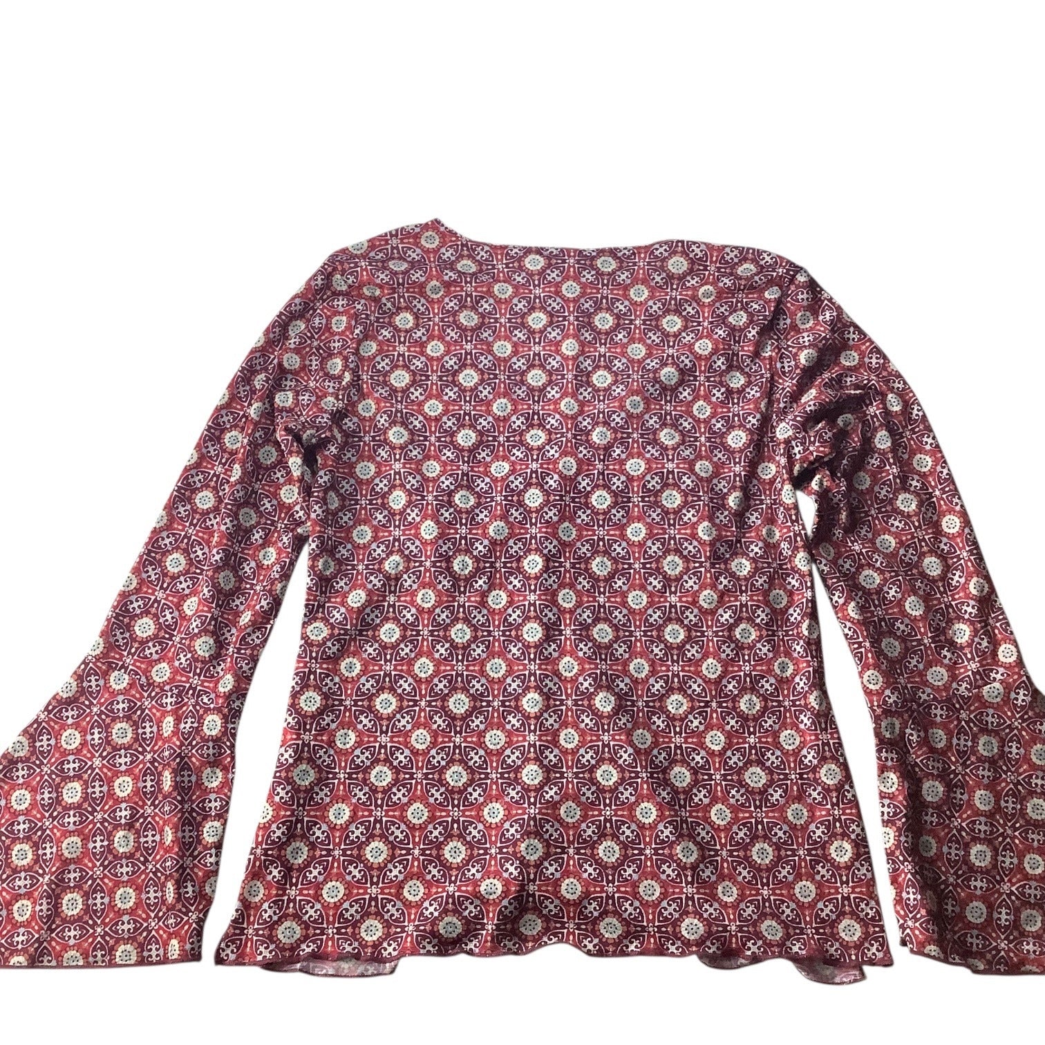 Route 66 Ladies Red Blouse Flare Bell Sleeves Sz M Boho Geometric Pattern