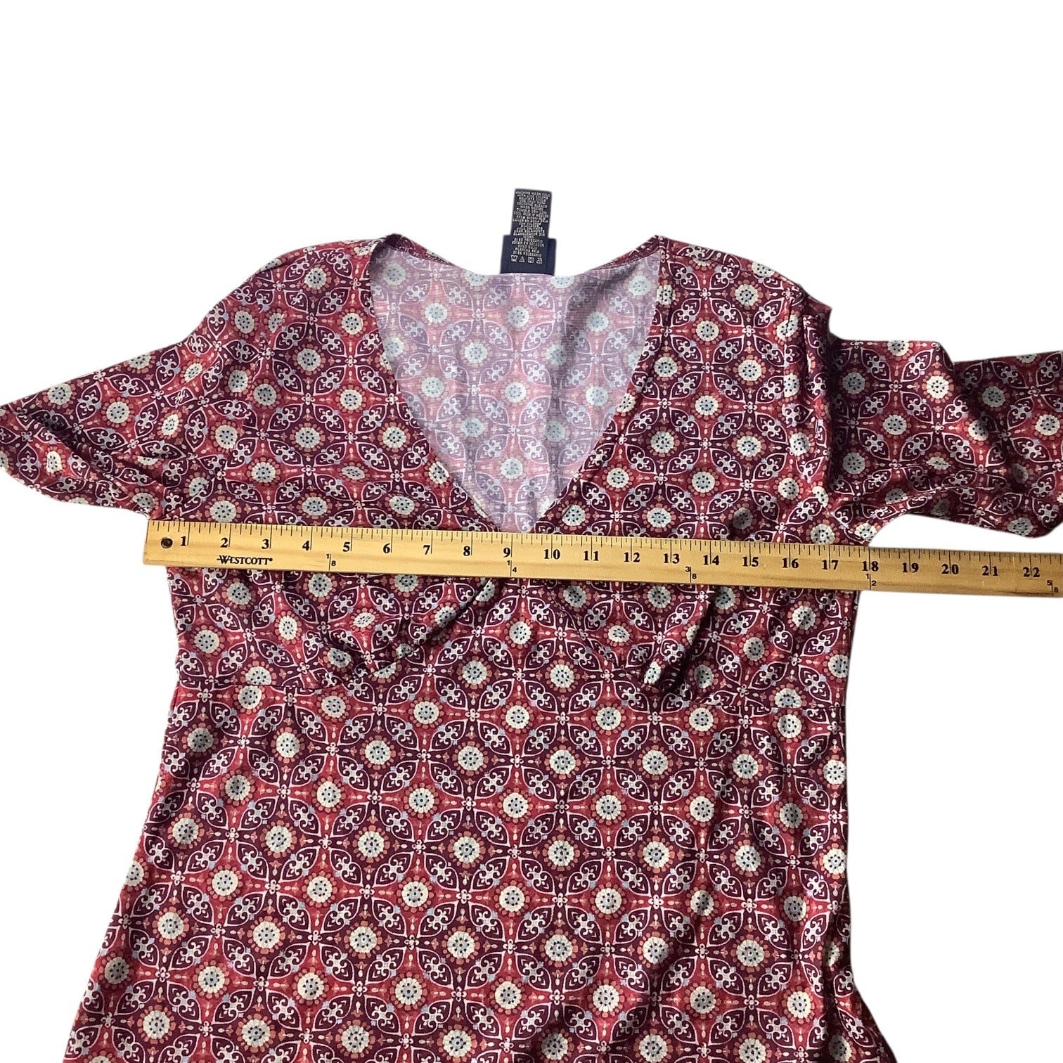 Route 66 Ladies Red Blouse Flare Bell Sleeves Sz M Boho Geometric Pattern