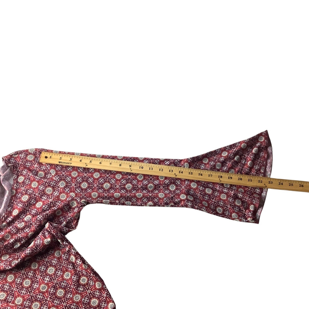 Route 66 Ladies Red Blouse Flare Bell Sleeves Sz M Boho Geometric Pattern