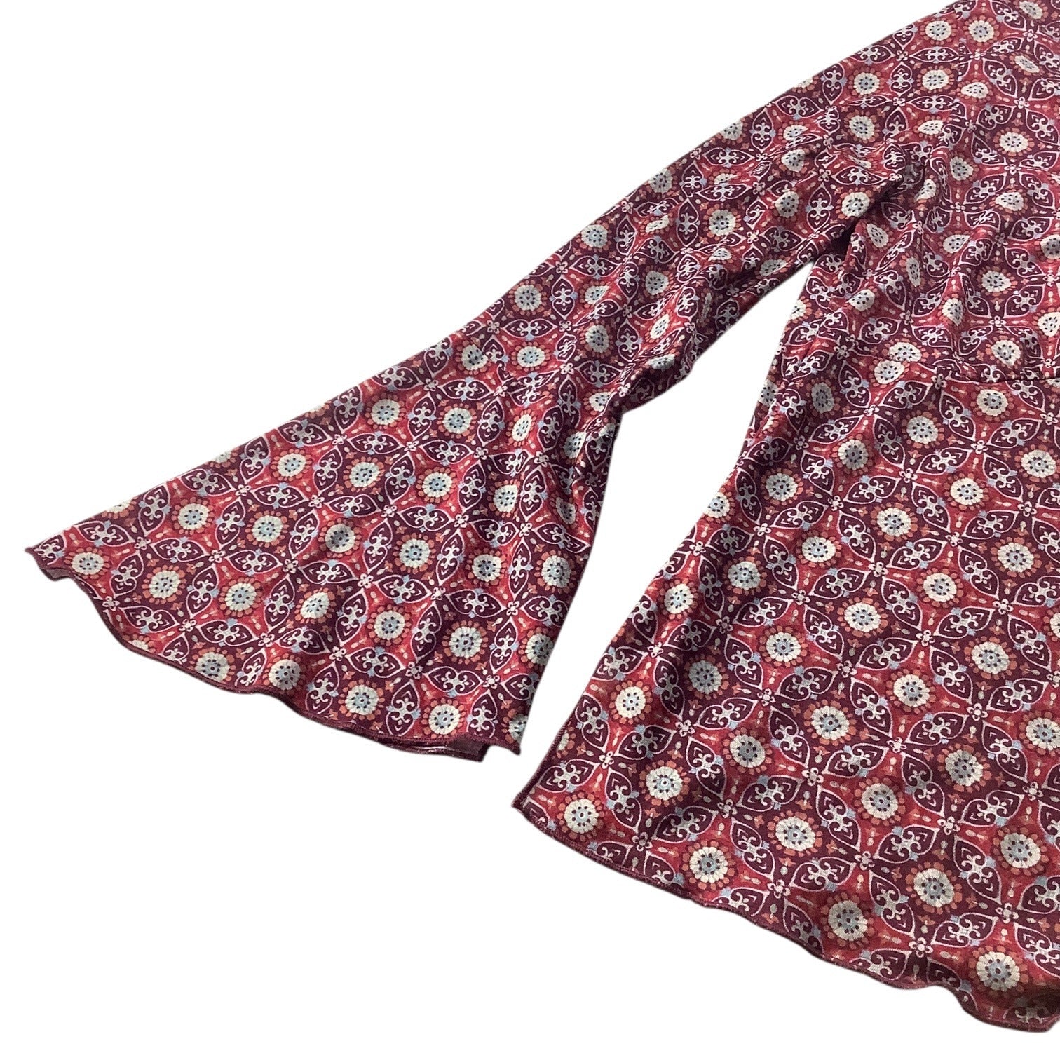 Route 66 Ladies Red Blouse Flare Bell Sleeves Sz M Boho Geometric Pattern