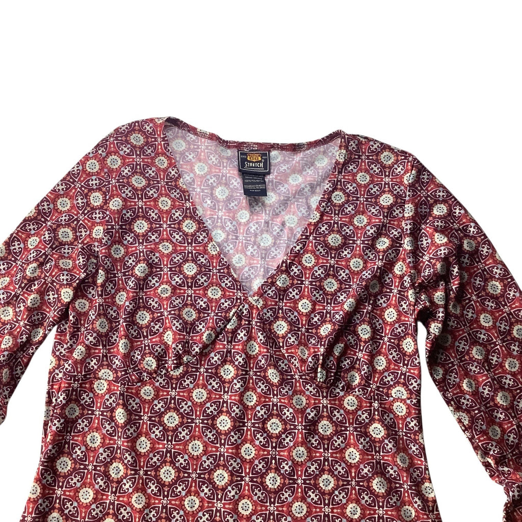 Route 66 Ladies Red Blouse Flare Bell Sleeves Sz M Boho Geometric Pattern