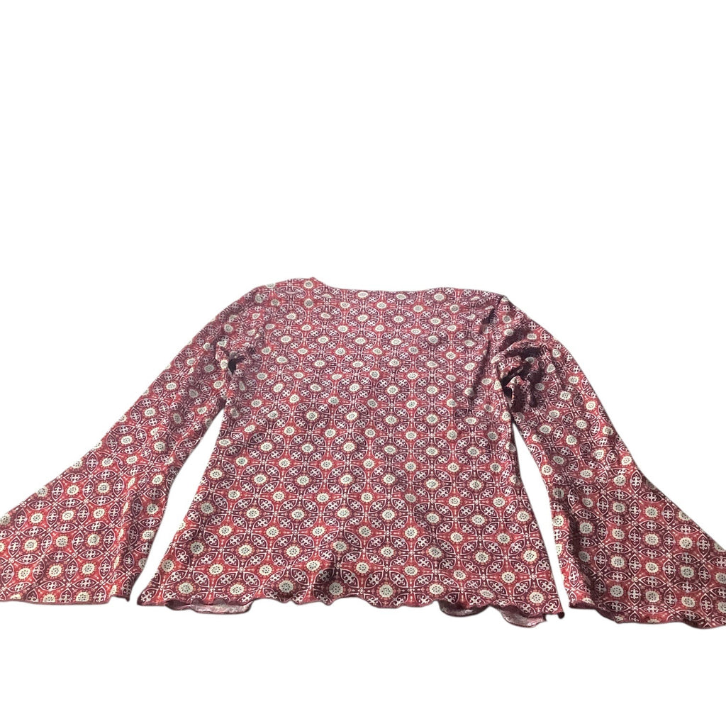 Route 66 Ladies Red Blouse Flare Bell Sleeves Sz M Boho Geometric Pattern