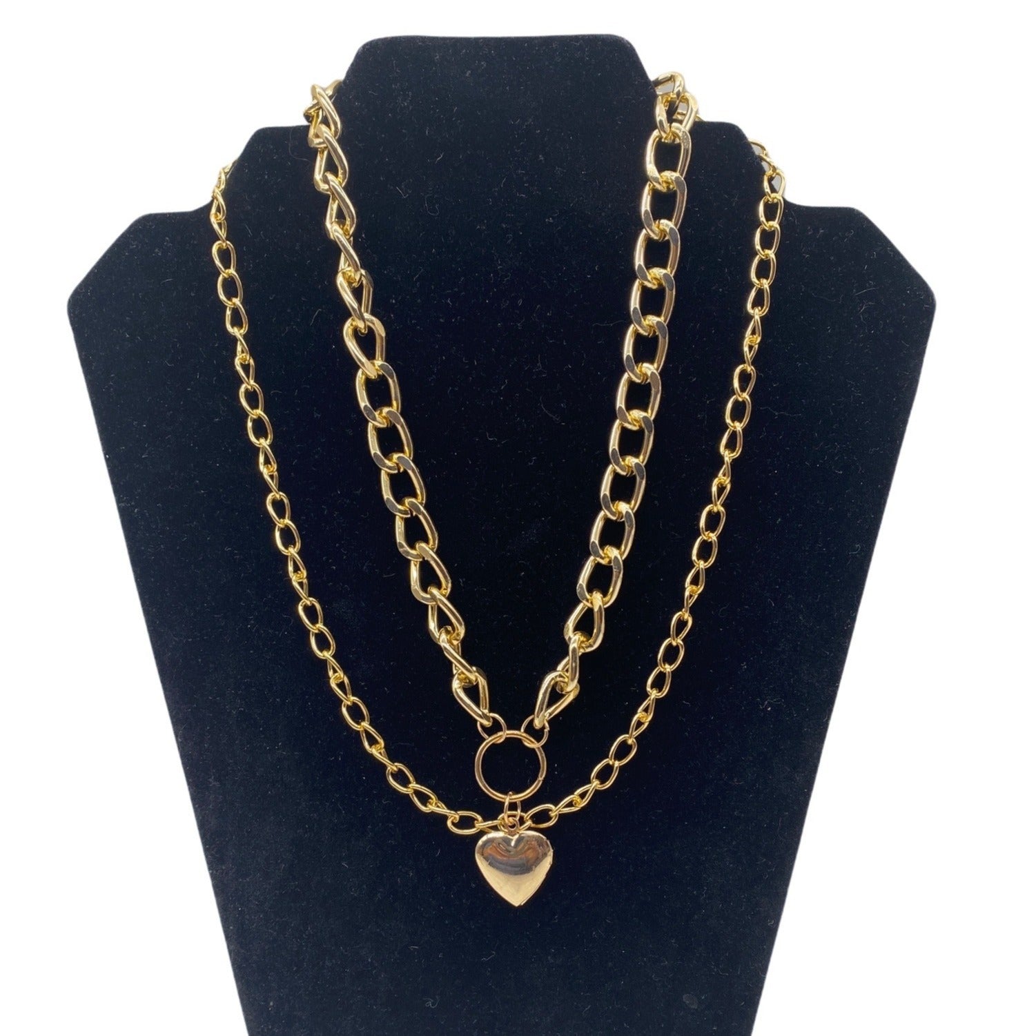 Double-Strand Curb Chain Heart Pendant Women’s Necklace Gold Tone