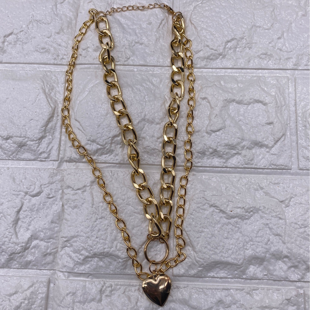 Double-Strand Curb Chain Heart Pendant Women’s Necklace Gold Tone