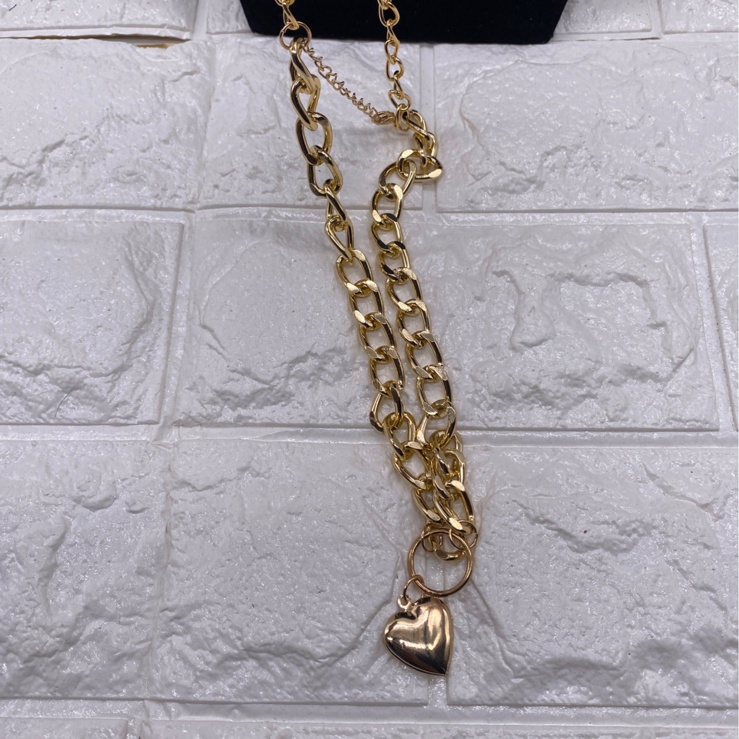 Double-Strand Curb Chain Heart Pendant Women’s Necklace Gold Tone