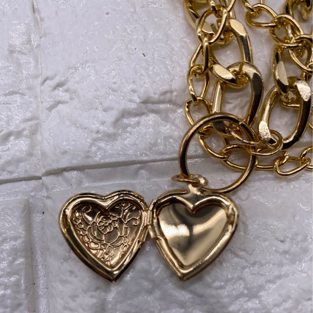 Double-Strand Curb Chain Heart Pendant Women’s Necklace Gold Tone