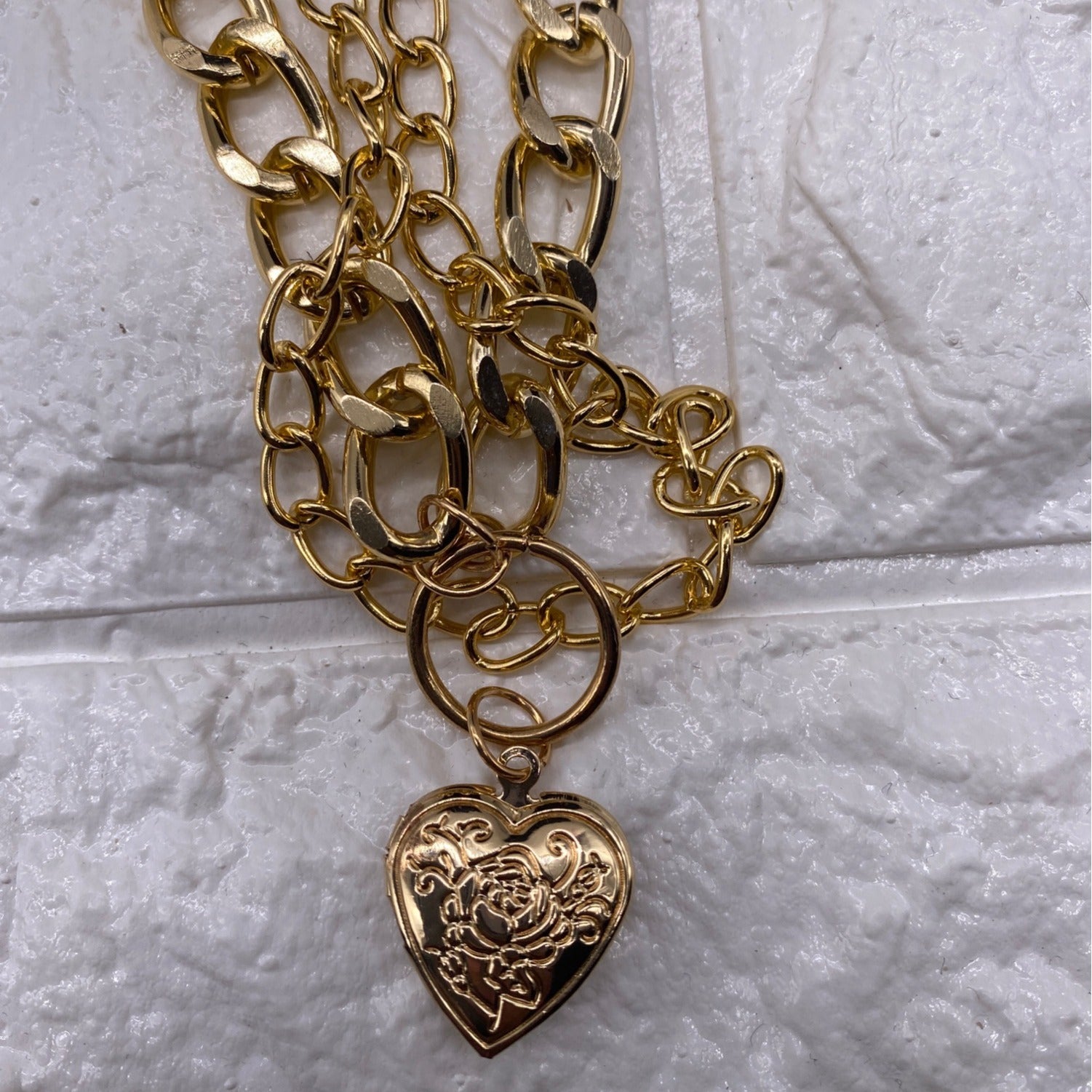 Double-Strand Curb Chain Heart Pendant Women’s Necklace Gold Tone