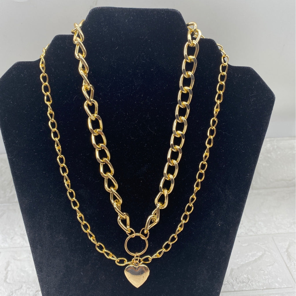 Double-Strand Curb Chain Heart Pendant Women’s Necklace Gold Tone