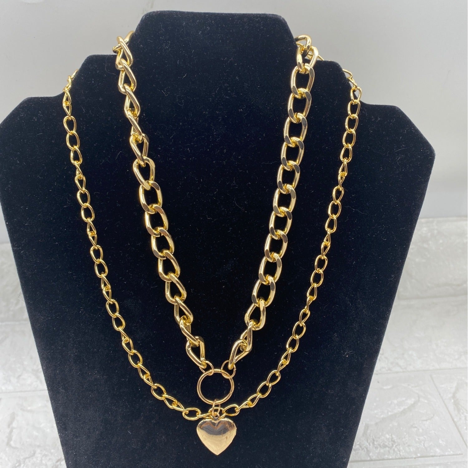Double-Strand Curb Chain Heart Pendant Women’s Necklace Gold Tone
