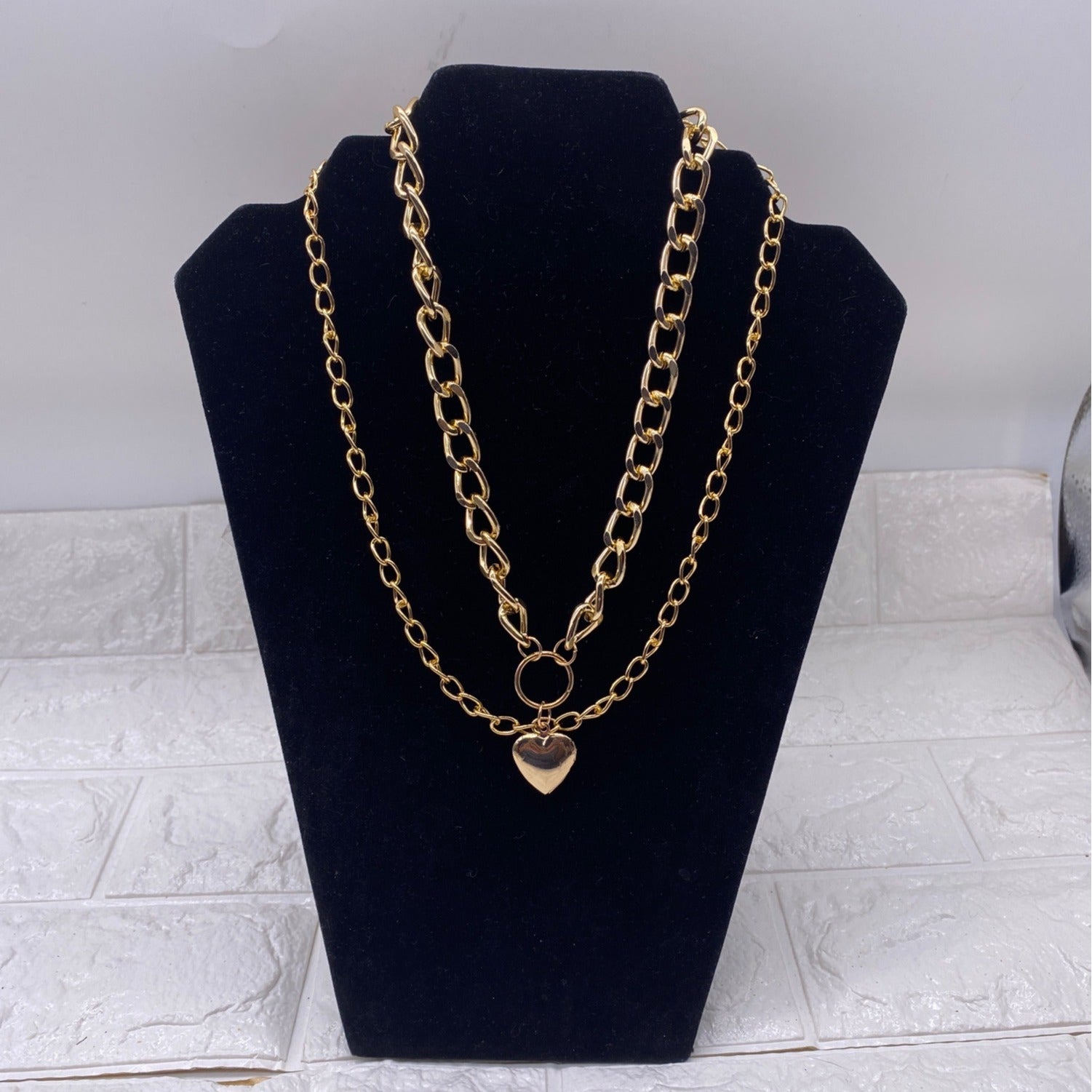 Double-Strand Curb Chain Heart Pendant Women’s Necklace Gold Tone