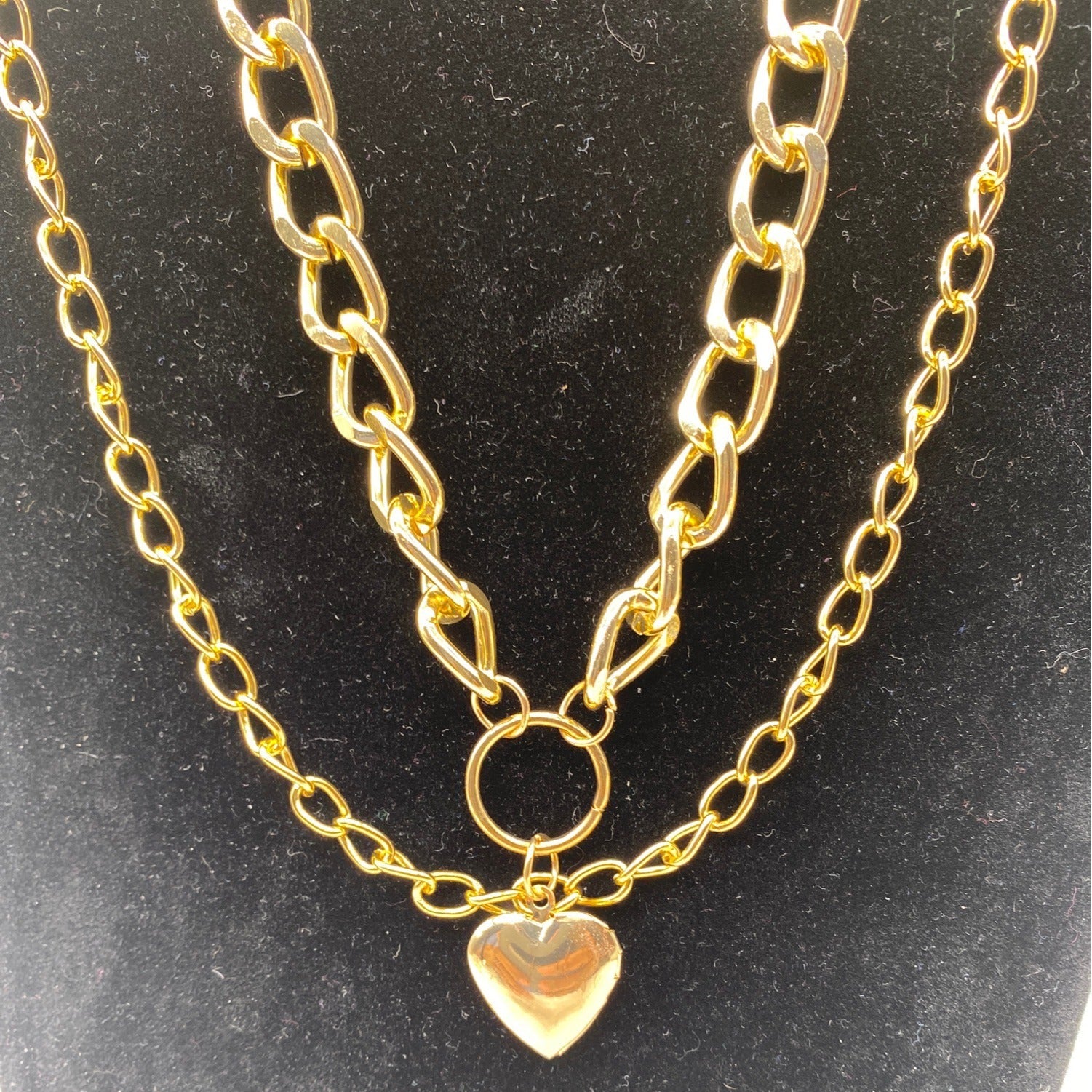 Double-Strand Curb Chain Heart Pendant Women’s Necklace Gold Tone