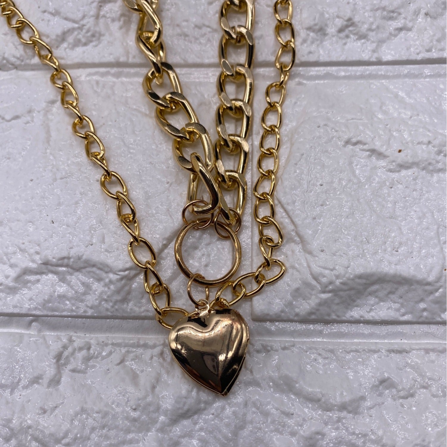 Double-Strand Curb Chain Heart Pendant Women’s Necklace Gold Tone