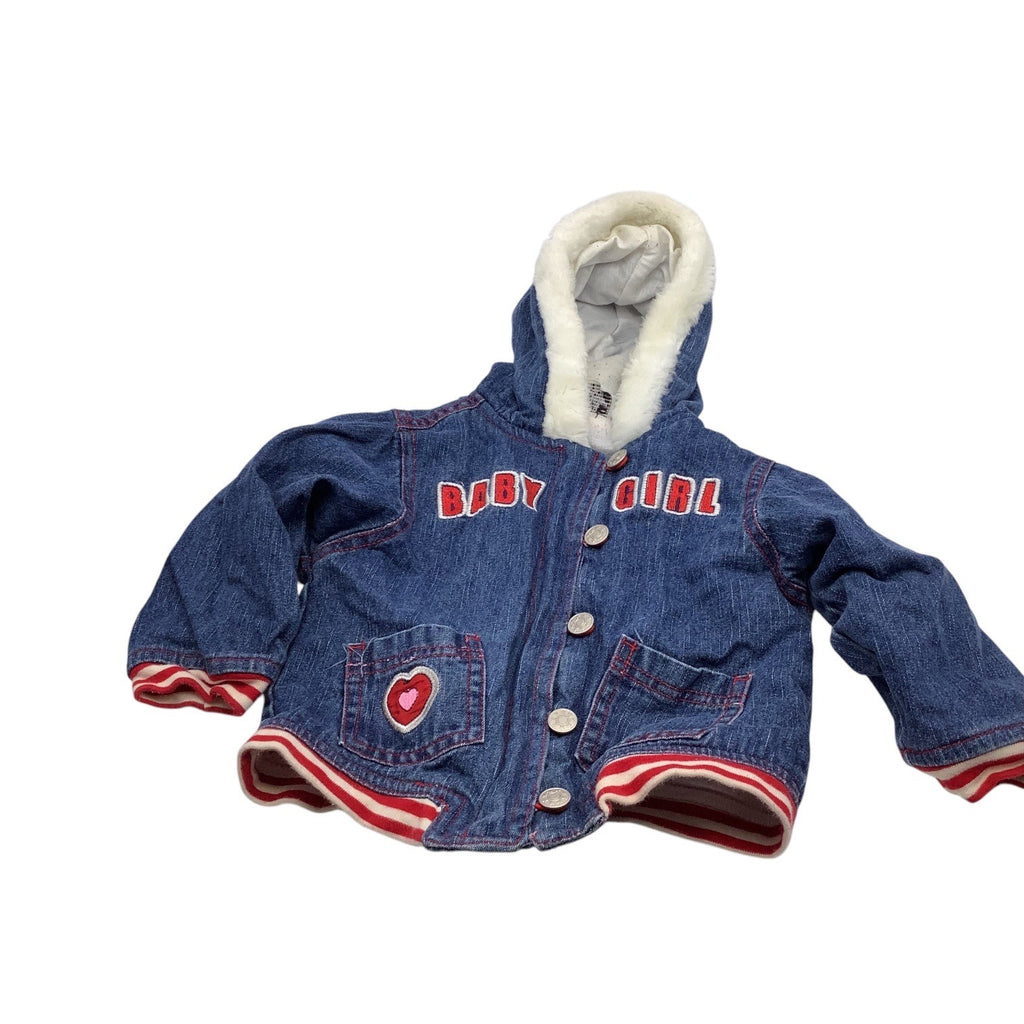 Mon Petit Baby Girl Size 24M Denim Jacket With Faux Fur Hood & Heart Patch