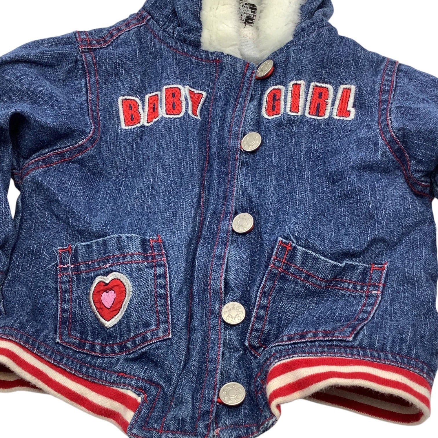 Mon Petit Baby Girl Size 24M Denim Jacket With Faux Fur Hood & Heart Patch