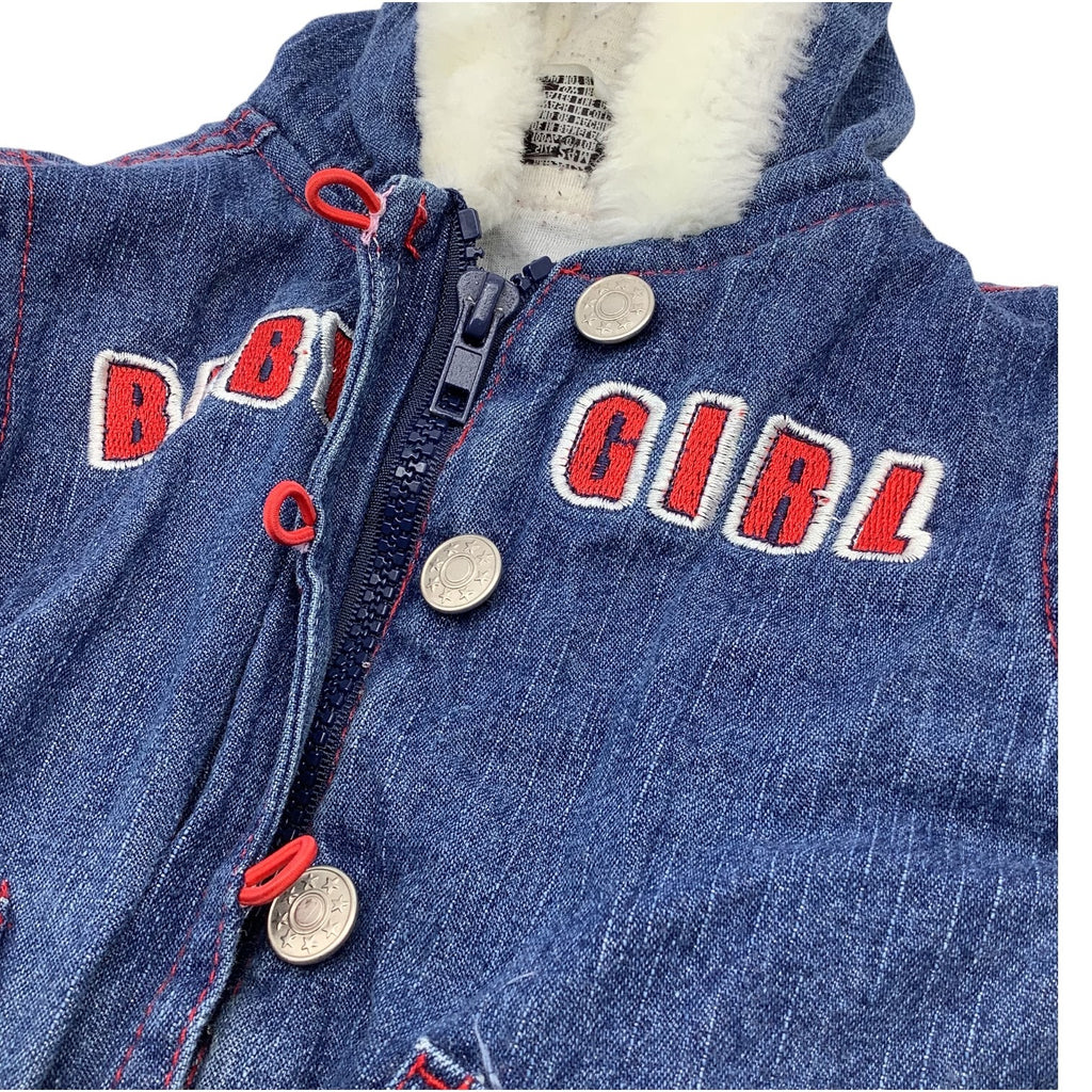 Mon Petit Baby Girl Size 24M Denim Jacket With Faux Fur Hood & Heart Patch