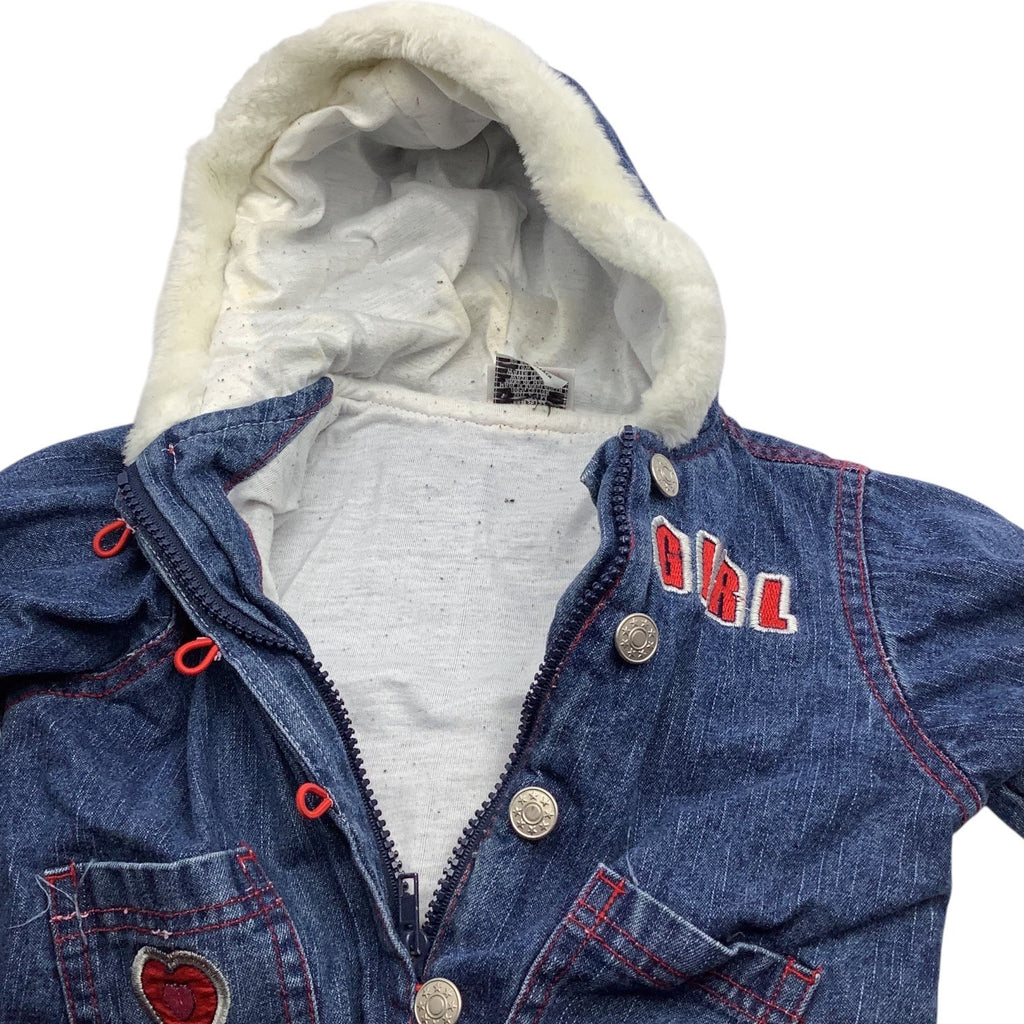 Mon Petit Baby Girl Size 24M Denim Jacket With Faux Fur Hood & Heart Patch