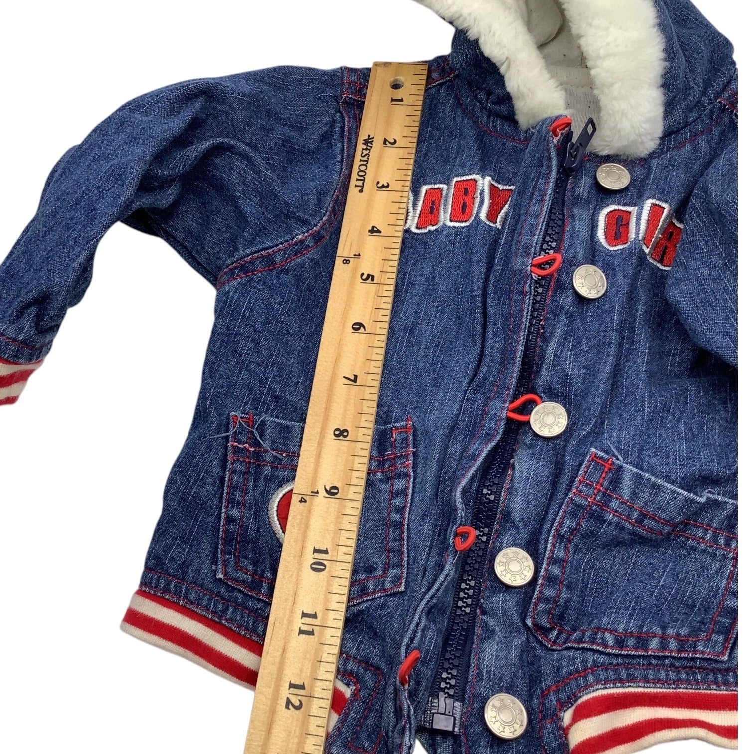 Mon Petit Baby Girl Size 24M Denim Jacket With Faux Fur Hood & Heart Patch