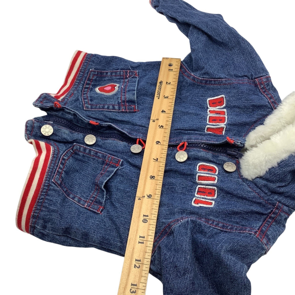 Mon Petit Baby Girl Size 24M Denim Jacket With Faux Fur Hood & Heart Patch