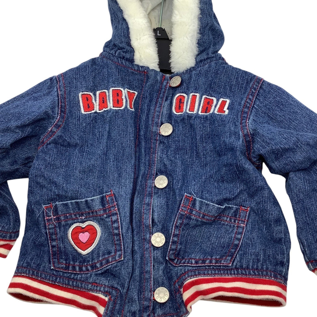 Mon Petit Baby Girl Size 24M Denim Jacket With Faux Fur Hood & Heart Patch