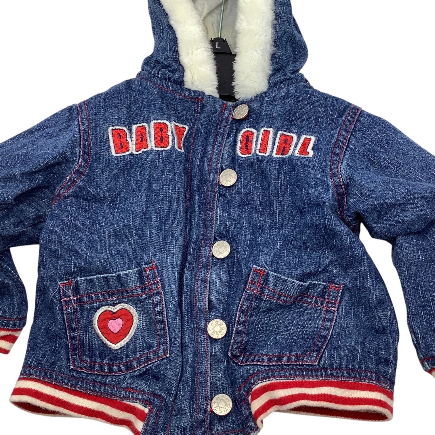 Mon Petit Baby Girl Size 24M Denim Jacket With Faux Fur Hood & Heart Patch
