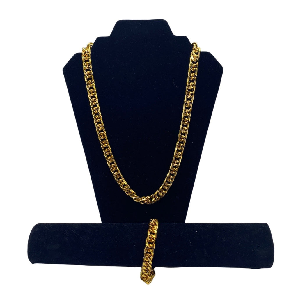 Bulky Cuban Chain Necklace Bracelet Gold Tone Unisex Jewelry Set Fashion