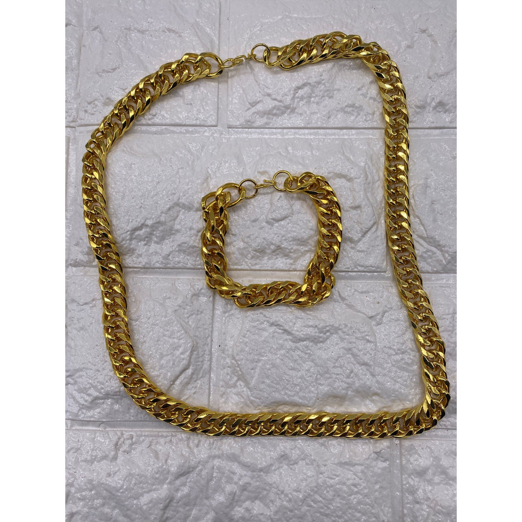Bulky Cuban Chain Necklace Bracelet Gold Tone Unisex Jewelry Set Fashion
