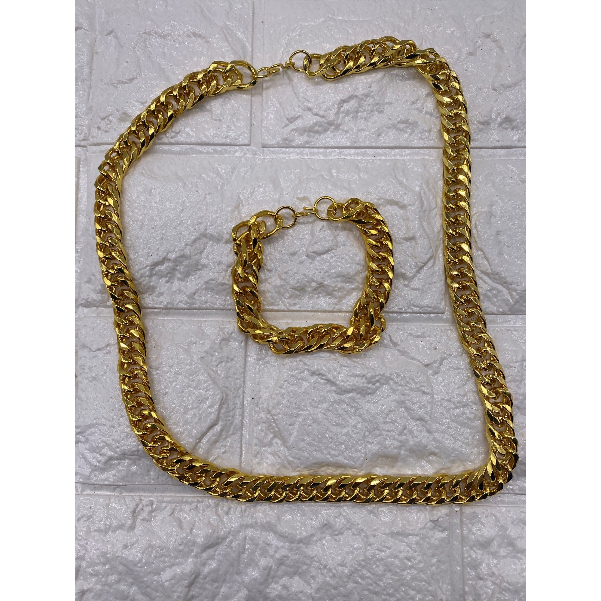Bulky Cuban Chain Necklace Bracelet Gold Tone Unisex Jewelry Set Fashion