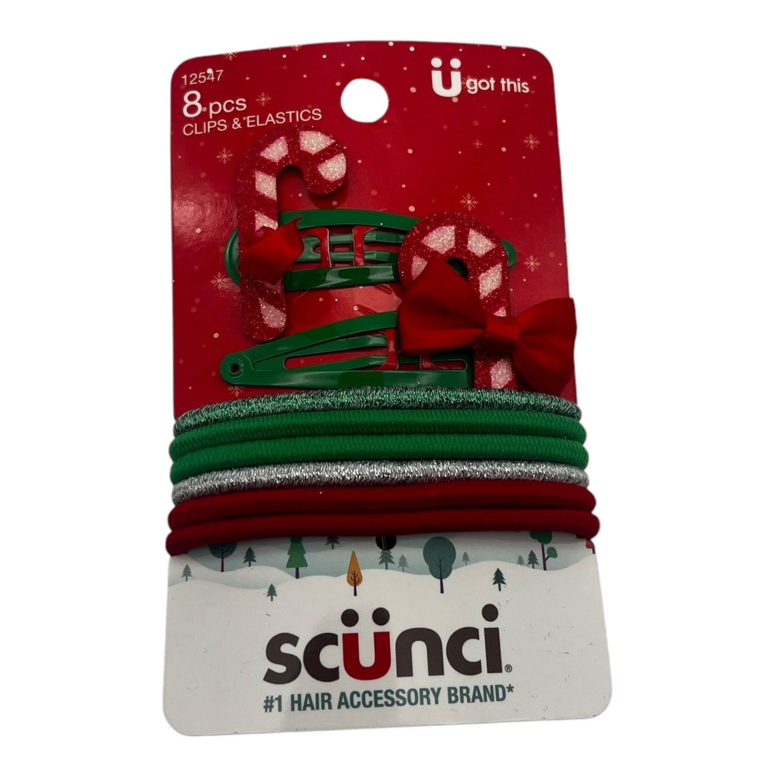 Scunci Holiday Christmas 8Pc Clips & Elastics Set With Green & Red Candy Cane