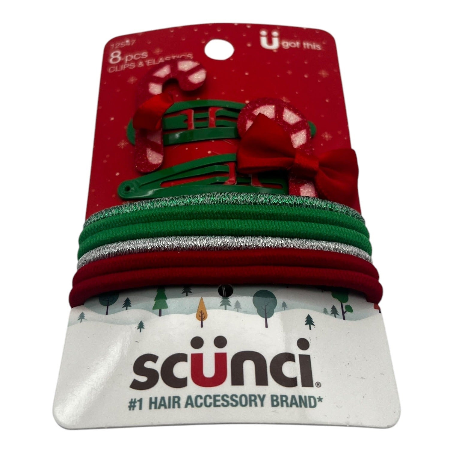 Scunci Holiday Christmas 8Pc Clips & Elastics Set With Green & Red Candy Cane