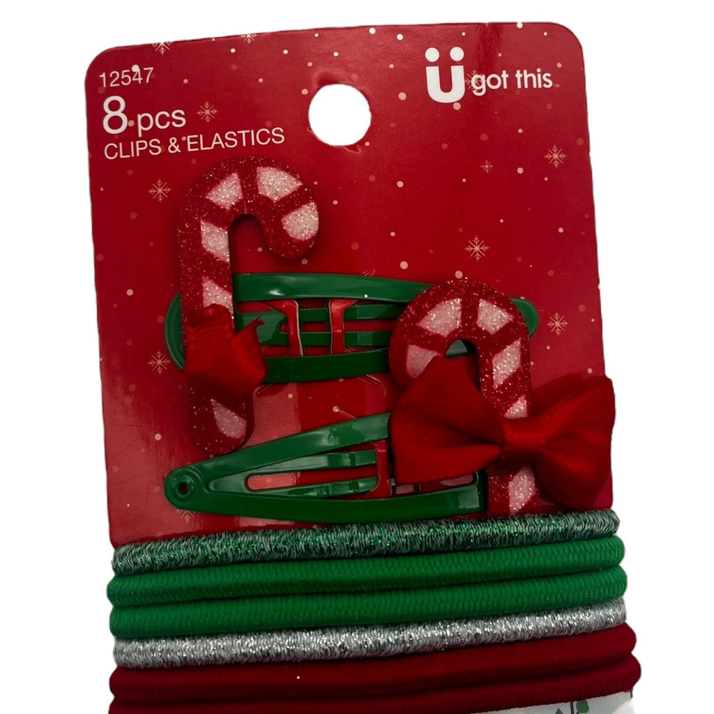 Scunci Holiday Christmas 8Pc Clips & Elastics Set With Green & Red Candy Cane