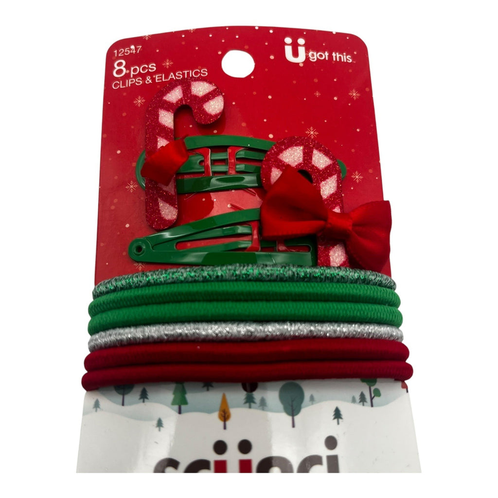 Scunci Holiday Christmas 8Pc Clips & Elastics Set With Green & Red Candy Cane