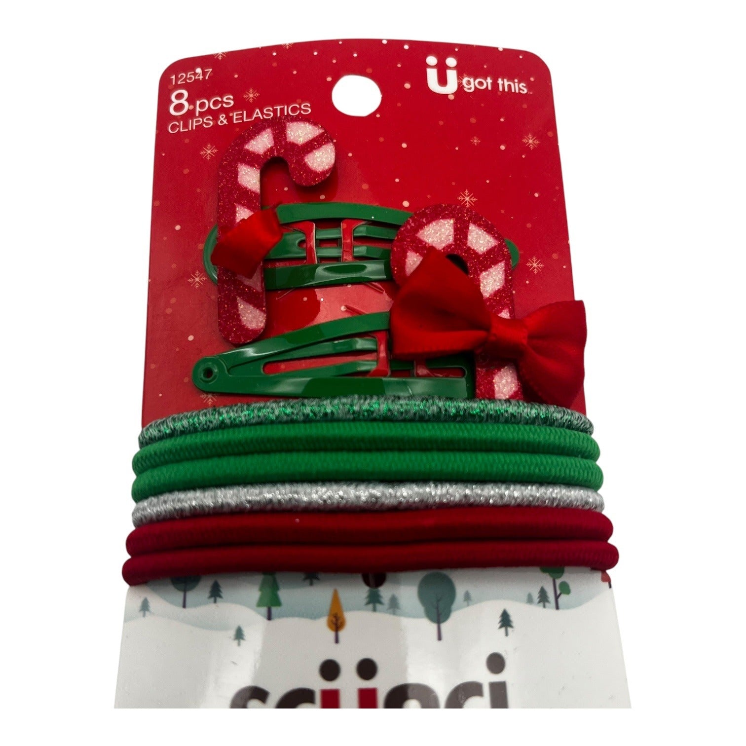 Scunci Holiday Christmas 8Pc Clips & Elastics Set With Green & Red Candy Cane