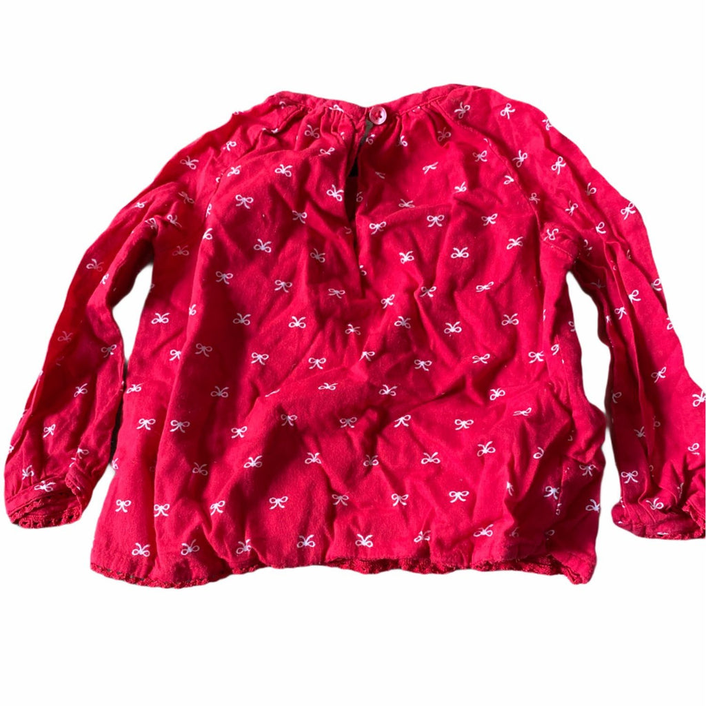 Old Navy Baby Girls Red Shirt With White Ribbon Print Long Sleeves Size 12-18M