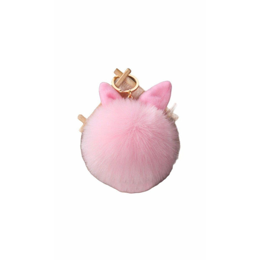 Pink Bunny Ears Fur Ball Keychain Gold Metal Charm For Keys Or Bags Unisex