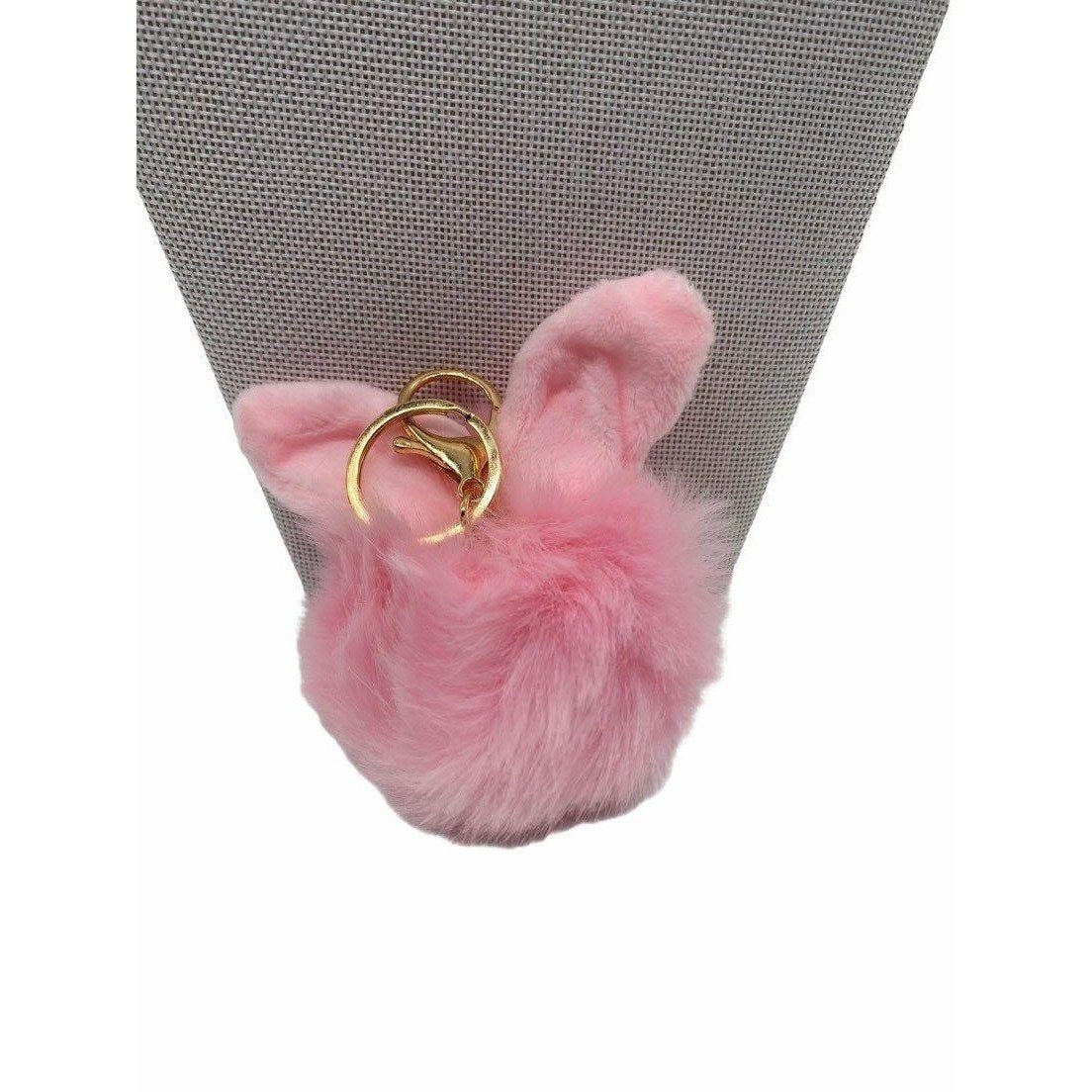 Pink Bunny Ears Fur Ball Keychain Gold Metal Charm For Keys Or Bags Unisex