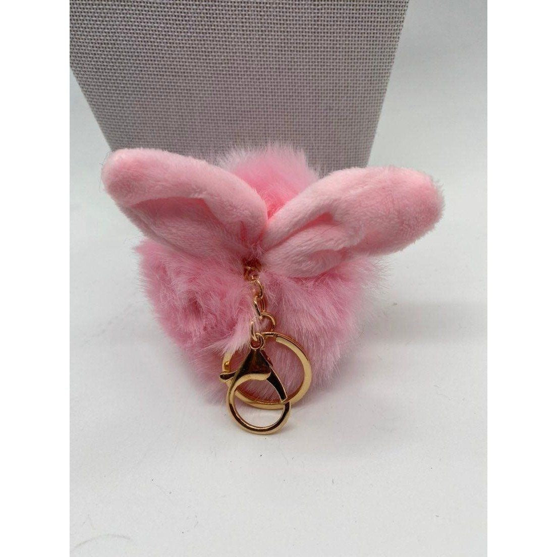 Pink Bunny Ears Fur Ball Keychain Gold Metal Charm For Keys Or Bags Unisex