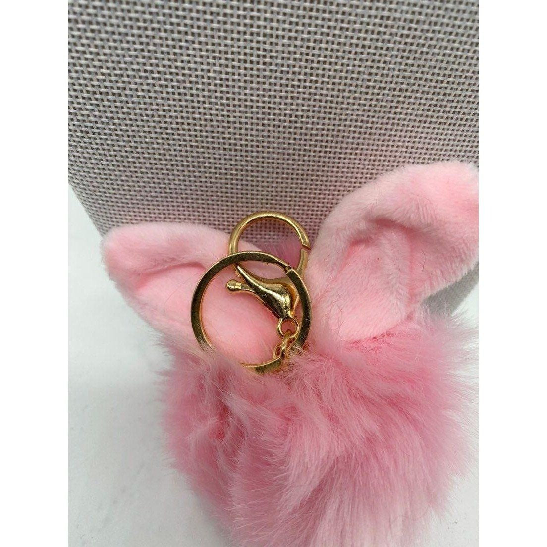 Pink Bunny Ears Fur Ball Keychain Gold Metal Charm For Keys Or Bags Unisex