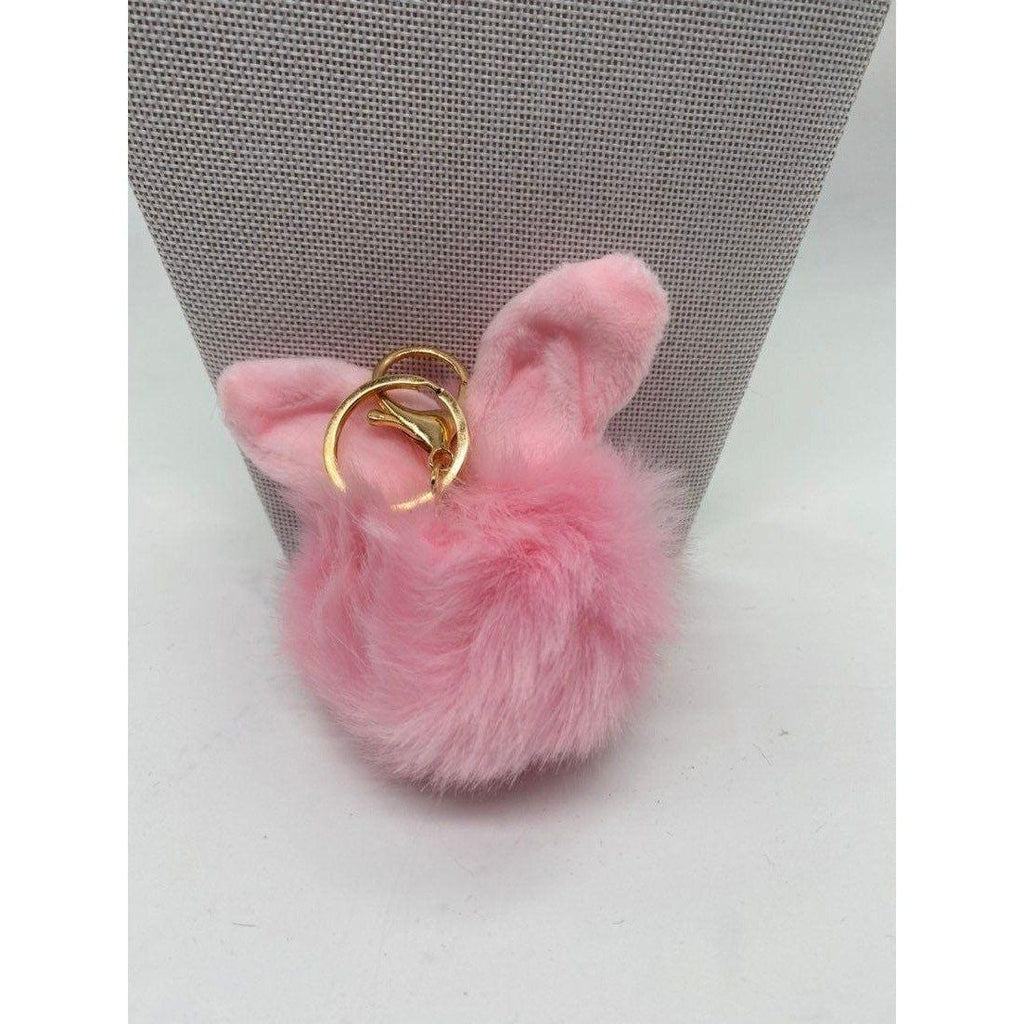 Pink Bunny Ears Fur Ball Keychain Gold Metal Charm For Keys Or Bags Unisex
