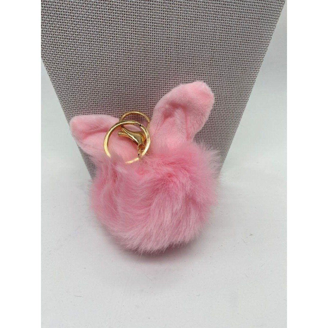 Pink Bunny Ears Fur Ball Keychain Gold Metal Charm For Keys Or Bags Unisex
