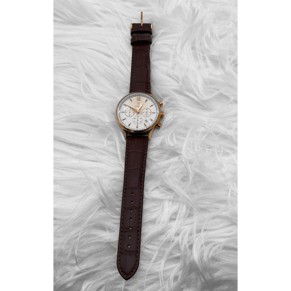 Men’s Chronograph Watch Rose Gold Analog Quartz Brown Leather Band Date Display