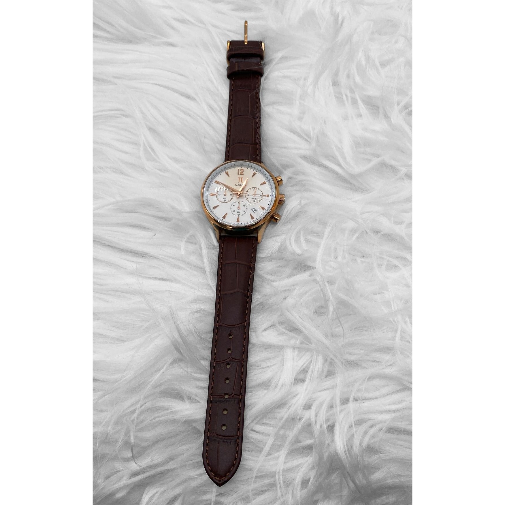 Men’s Chronograph Watch Rose Gold Analog Quartz Brown Leather Band Date Display