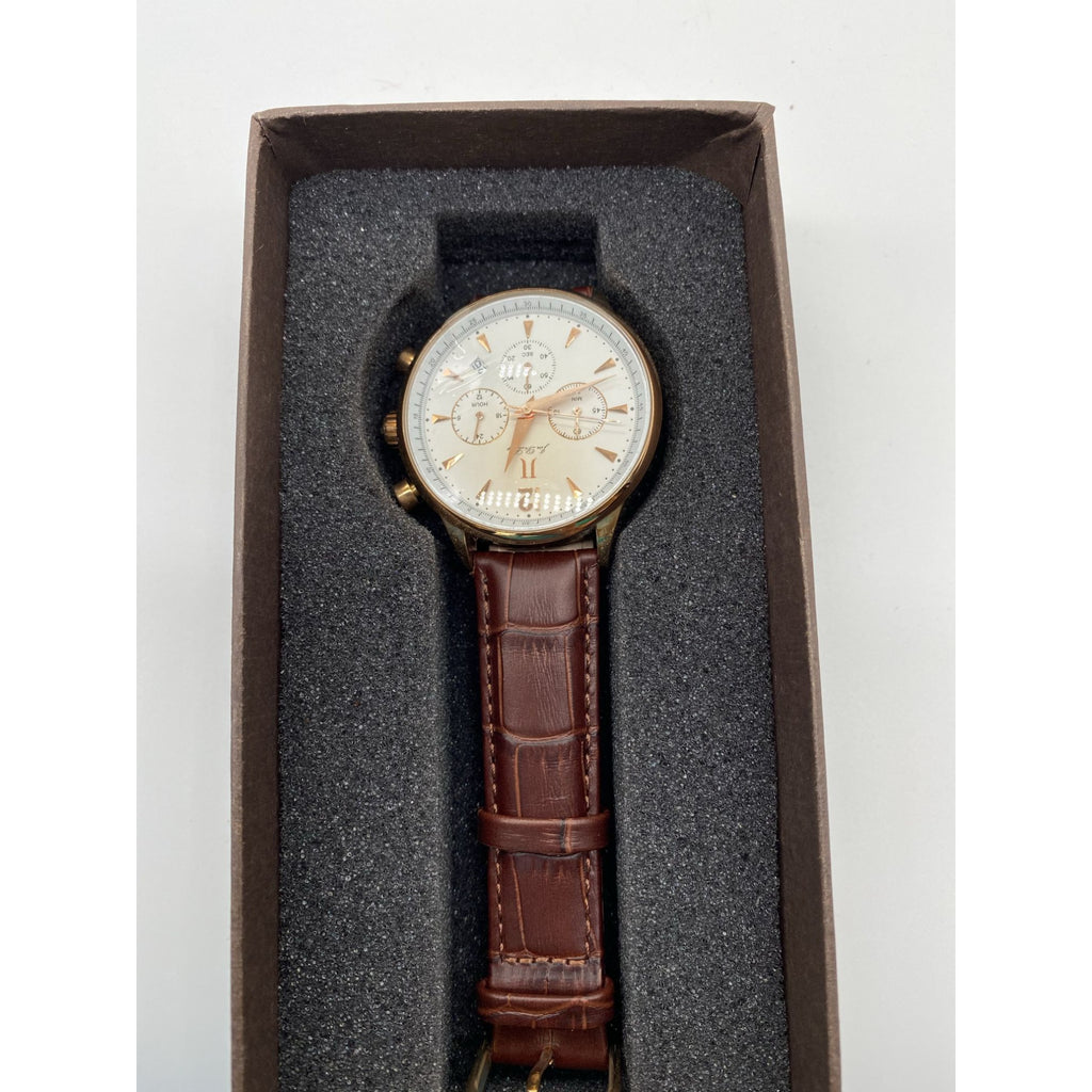 Men’s Chronograph Watch Rose Gold Analog Quartz Brown Leather Band Date Display