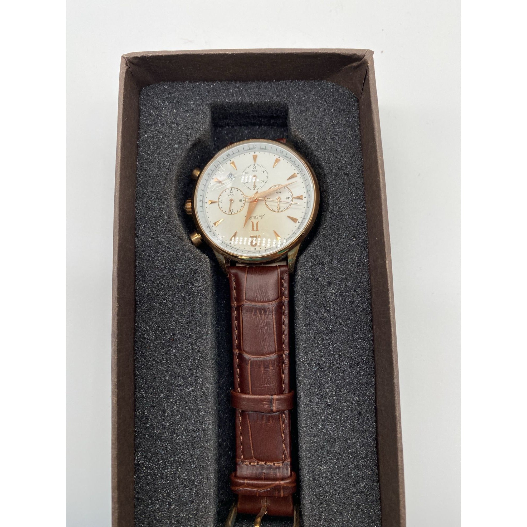 Men’s Chronograph Watch Rose Gold Analog Quartz Brown Leather Band Date Display