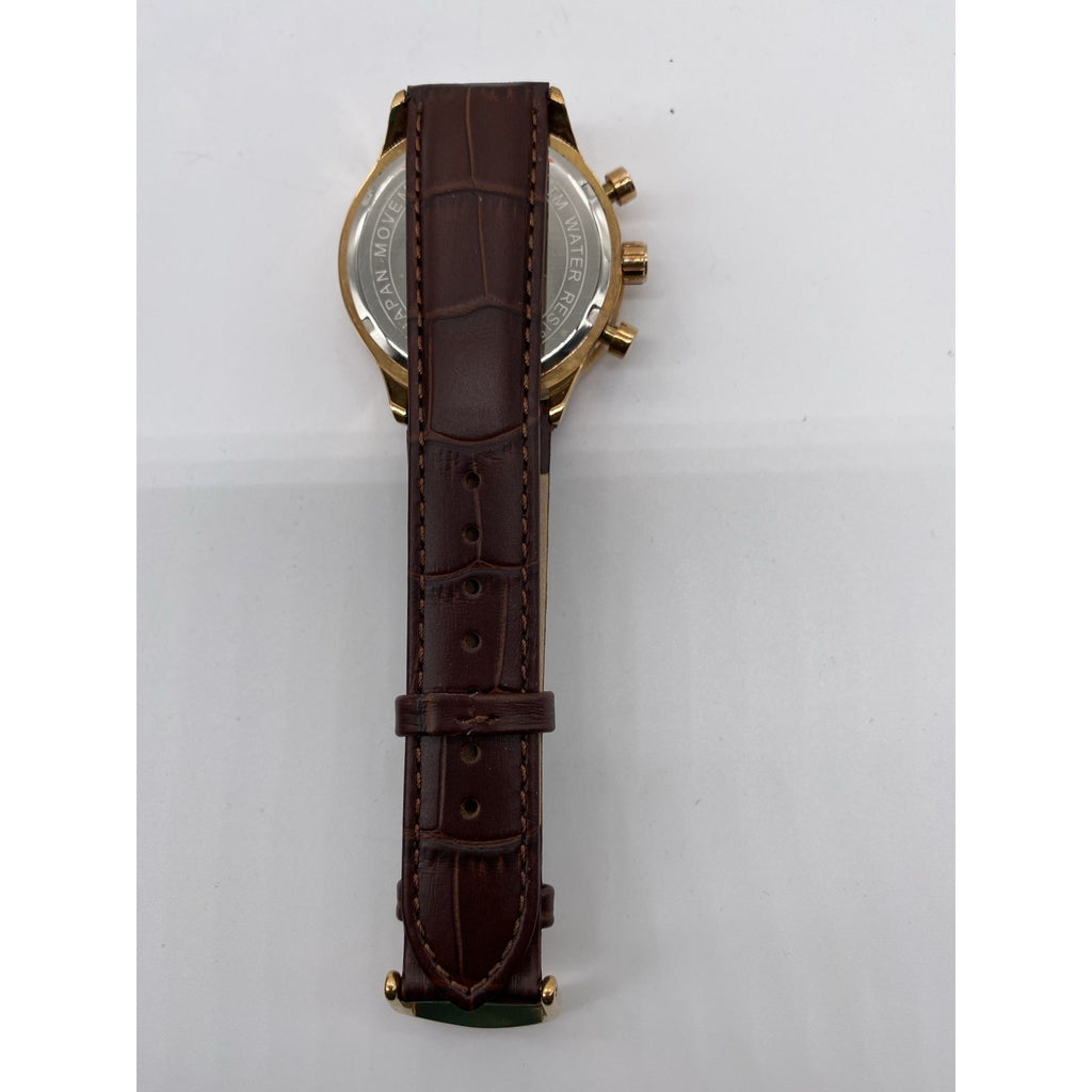 Men’s Chronograph Watch Rose Gold Analog Quartz Brown Leather Band Date Display