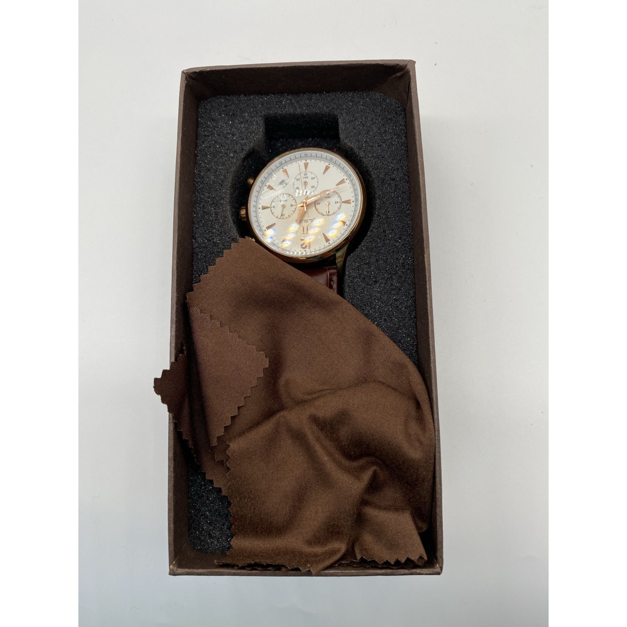 Men’s Chronograph Watch Rose Gold Analog Quartz Brown Leather Band Date Display