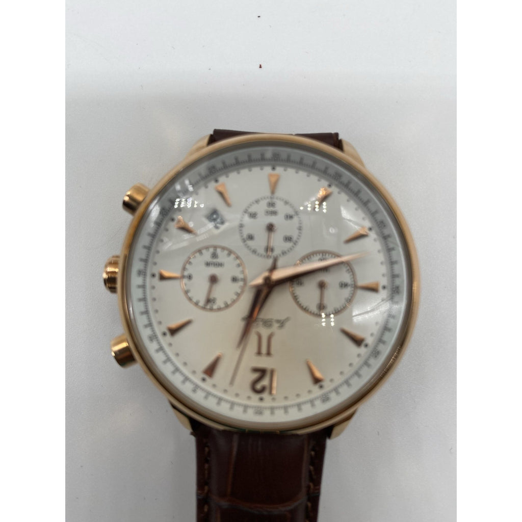 Men’s Chronograph Watch Rose Gold Analog Quartz Brown Leather Band Date Display