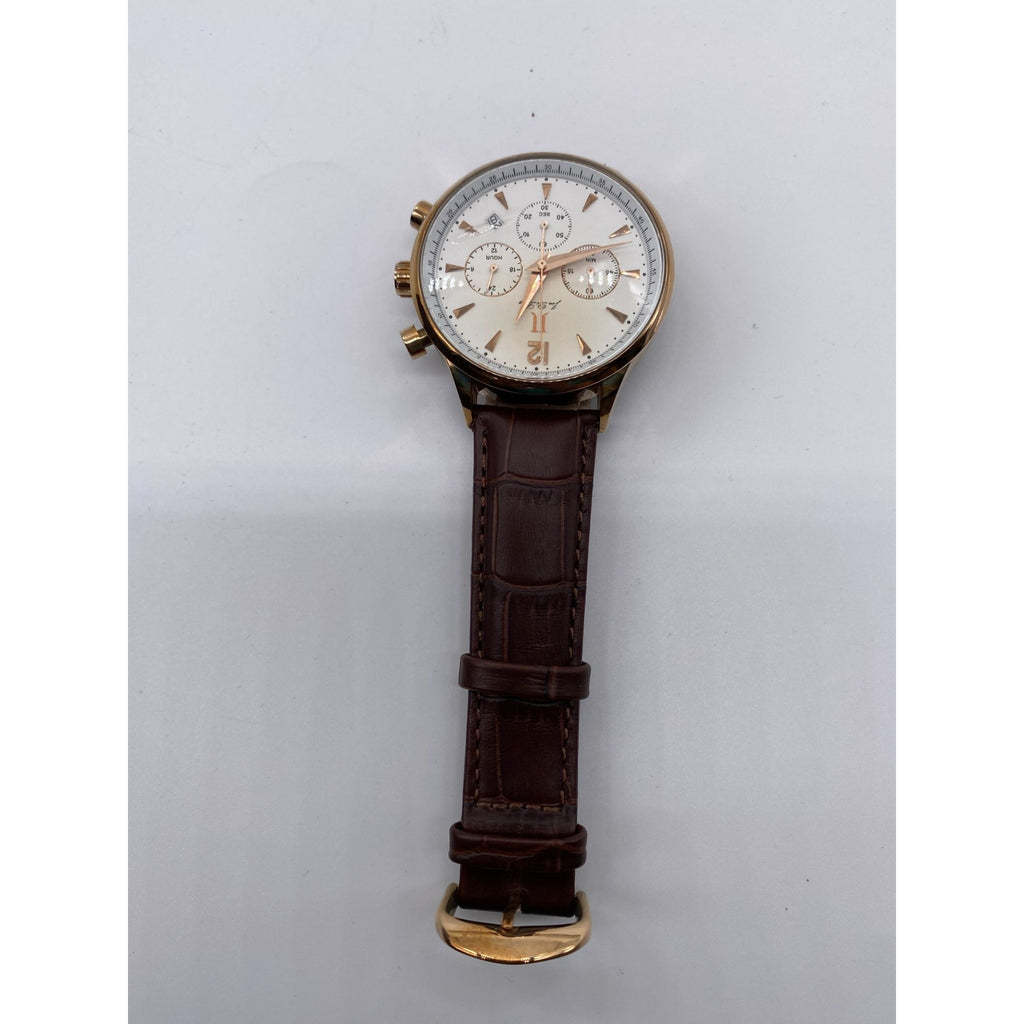 Men’s Chronograph Watch Rose Gold Analog Quartz Brown Leather Band Date Display