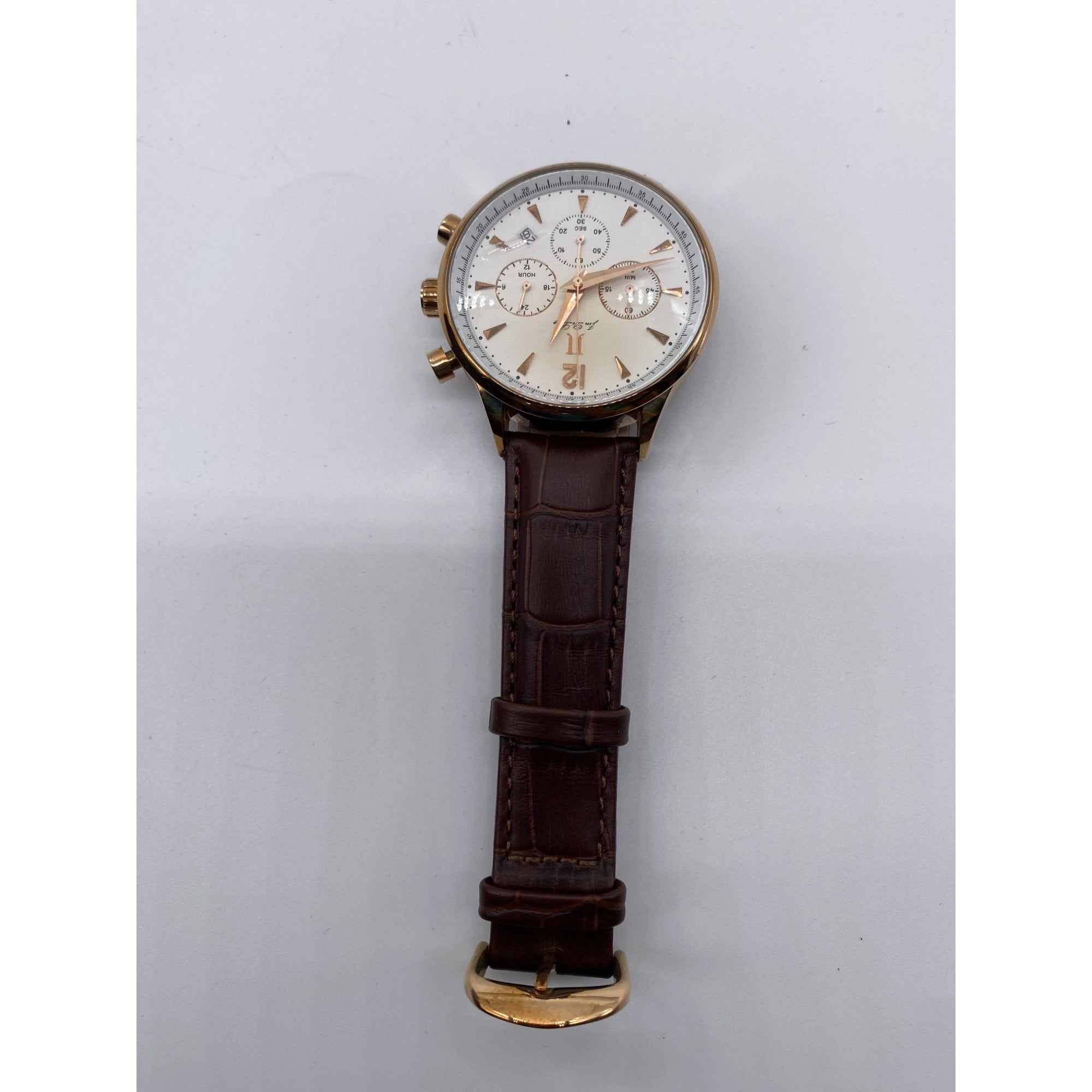 Men’s Chronograph Watch Rose Gold Analog Quartz Brown Leather Band Date Display