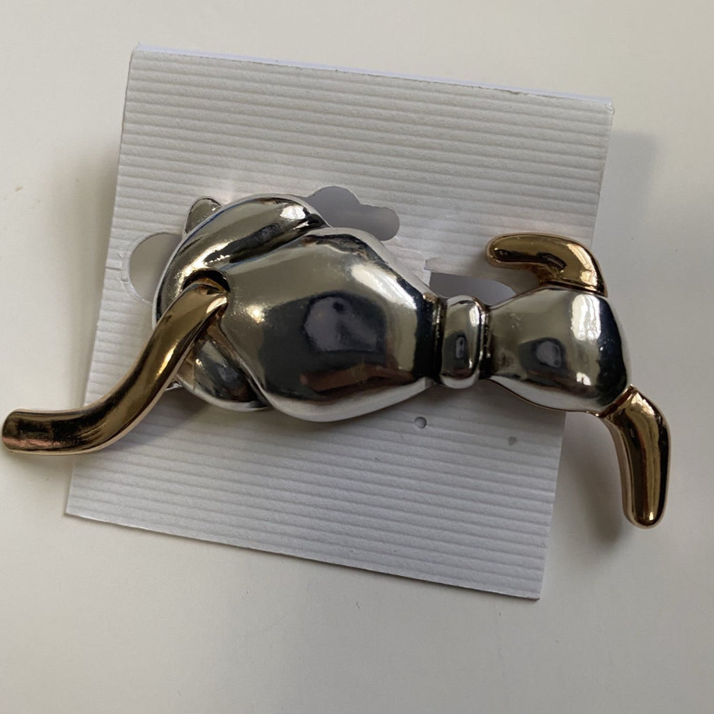 Wagging Tails Puppy Pin Two Tone Dog Silver Plated Gold Accents 3 in Brooch